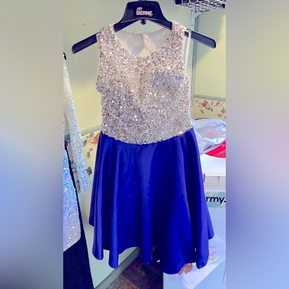 Silver sequined and royal blue satin party dress only wore once